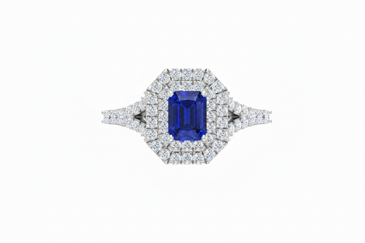 Emerald Cut Sapphire With Double Halo
