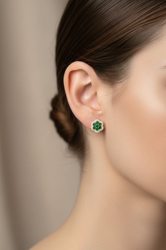 Brilliant Cut Emerald & Diamond Floral Cluster Studs Earring